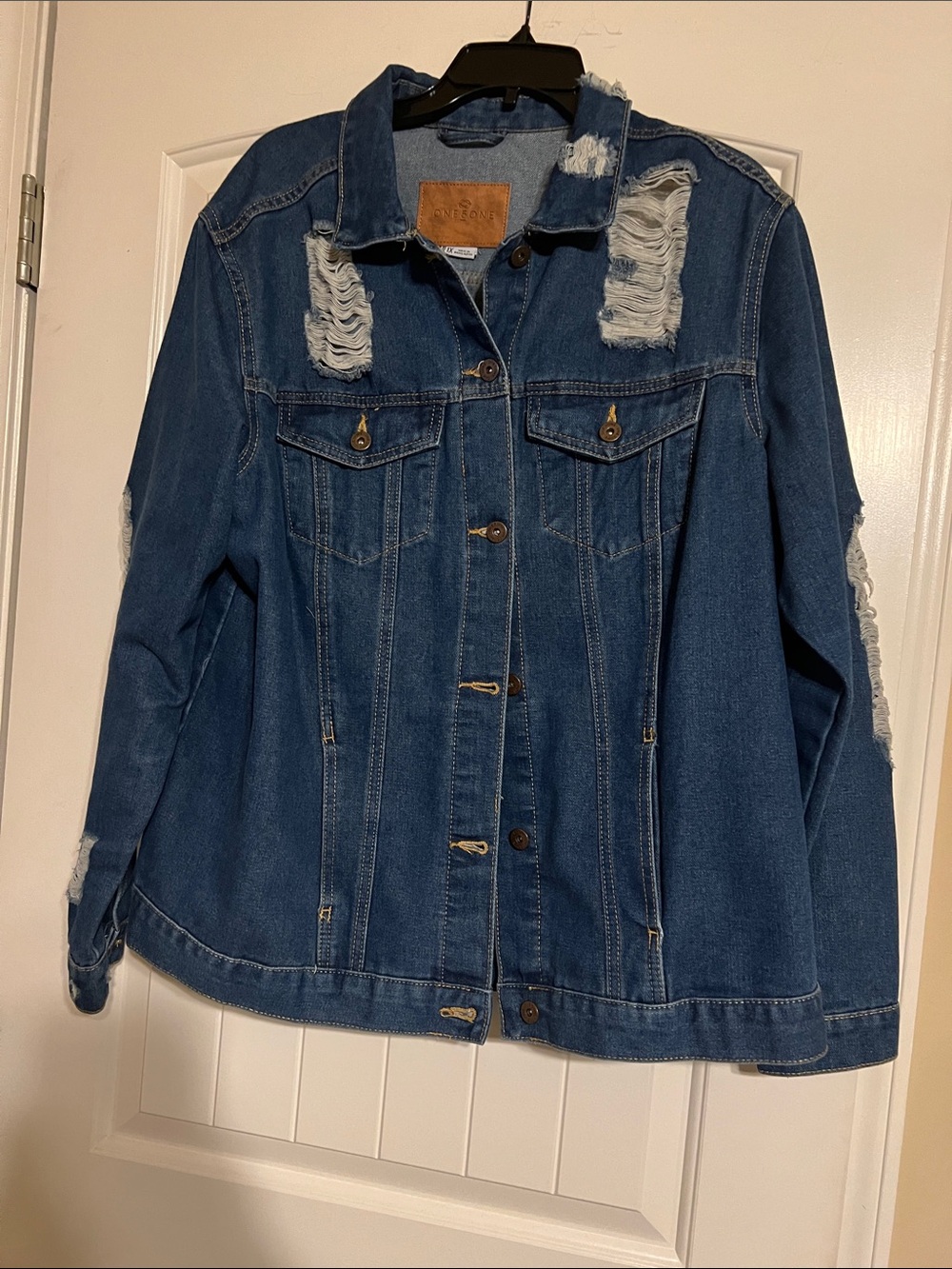 one 5 one Women's Distressed Dark Blue Denim Jacket